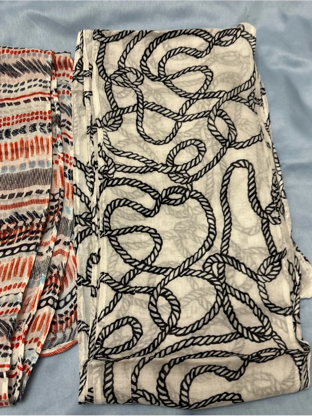 Avon Skinny Scarf Womens Cream Blue Satin Nautical Sail Rope Retro Light Summer